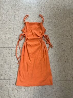 Zara Orange Side-Ruched Tie Midi Dress